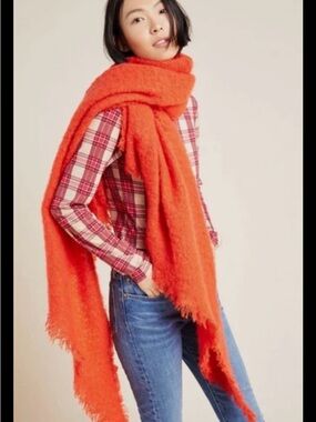 Anthropologie Carraway Boucle Orange Fringed Oversized Scarf